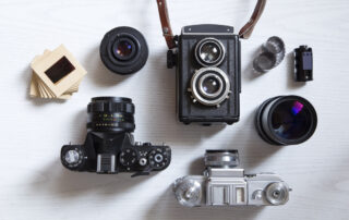 Verschillende camera's die gebruikt worden voor analoge fotografie.