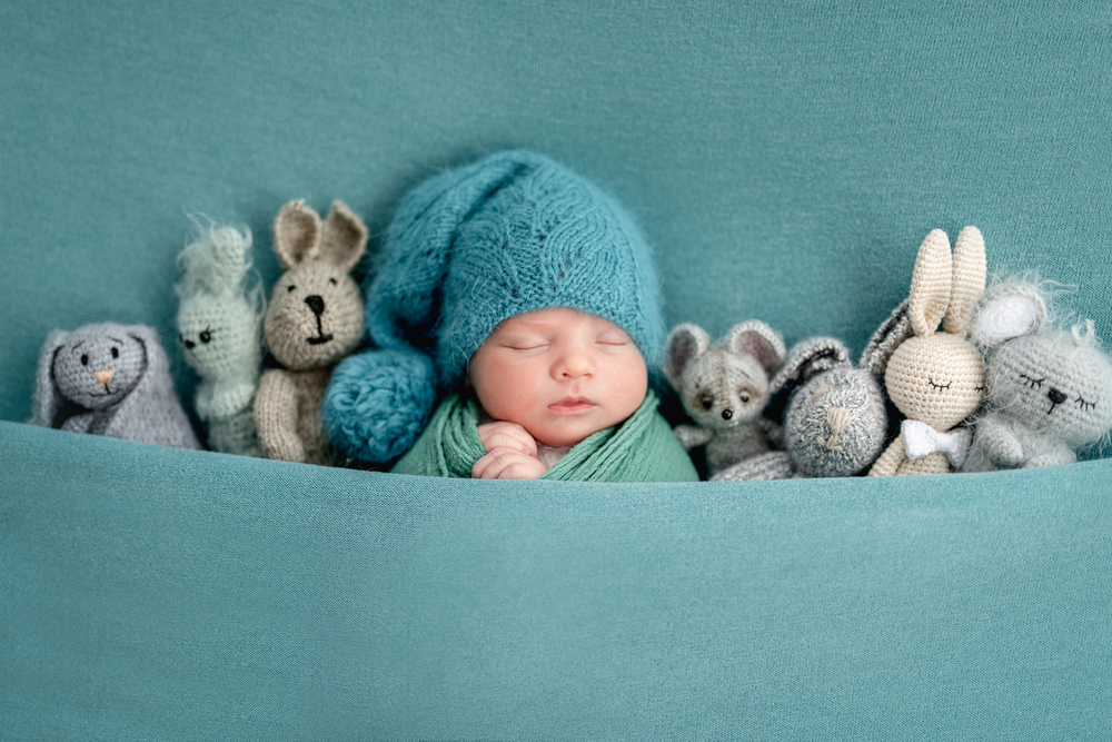 Een aandoenlijke newborn fotoshoot waarbij een pasgeboren baby wordt omringd door al zijn knuffels, zowel aan de linkerkant als aan de rechterkant. Deze compositie straalt de onschuld en het comfort uit van de pasgeborene, omringd door vertrouwde en geliefde knuffels. Newborn fotoshoots creëren vaak een gezellige en warme sfeer die de baby's eerste momenten in de wereld vastlegt.